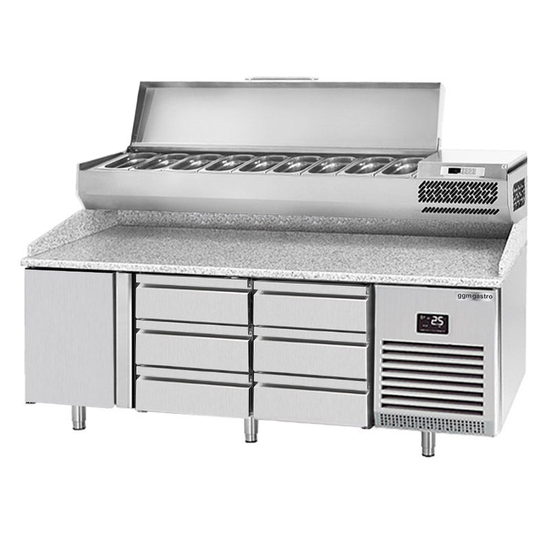 Refrigerated pizza table (GN) - with 1 door, 6 drawers 1/3 (GN 1/1) and cooling upper display for 9x GN 1/4 containers