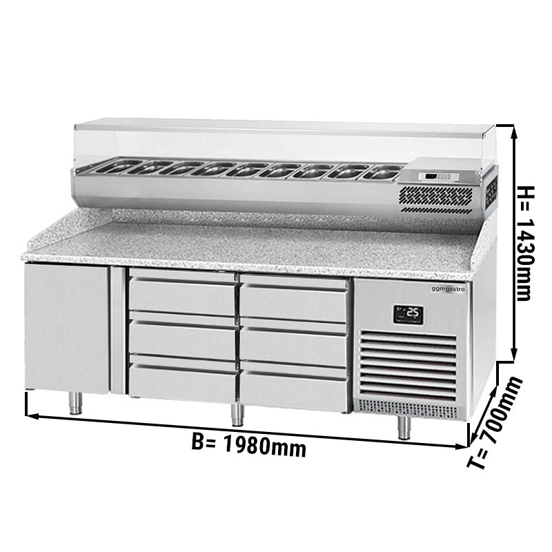 Refrigerated pizza table (GN) - with 1 door, 6 drawers 1/3 (GN 1/1) and cooling upper display for 9x GN 1/4 containers