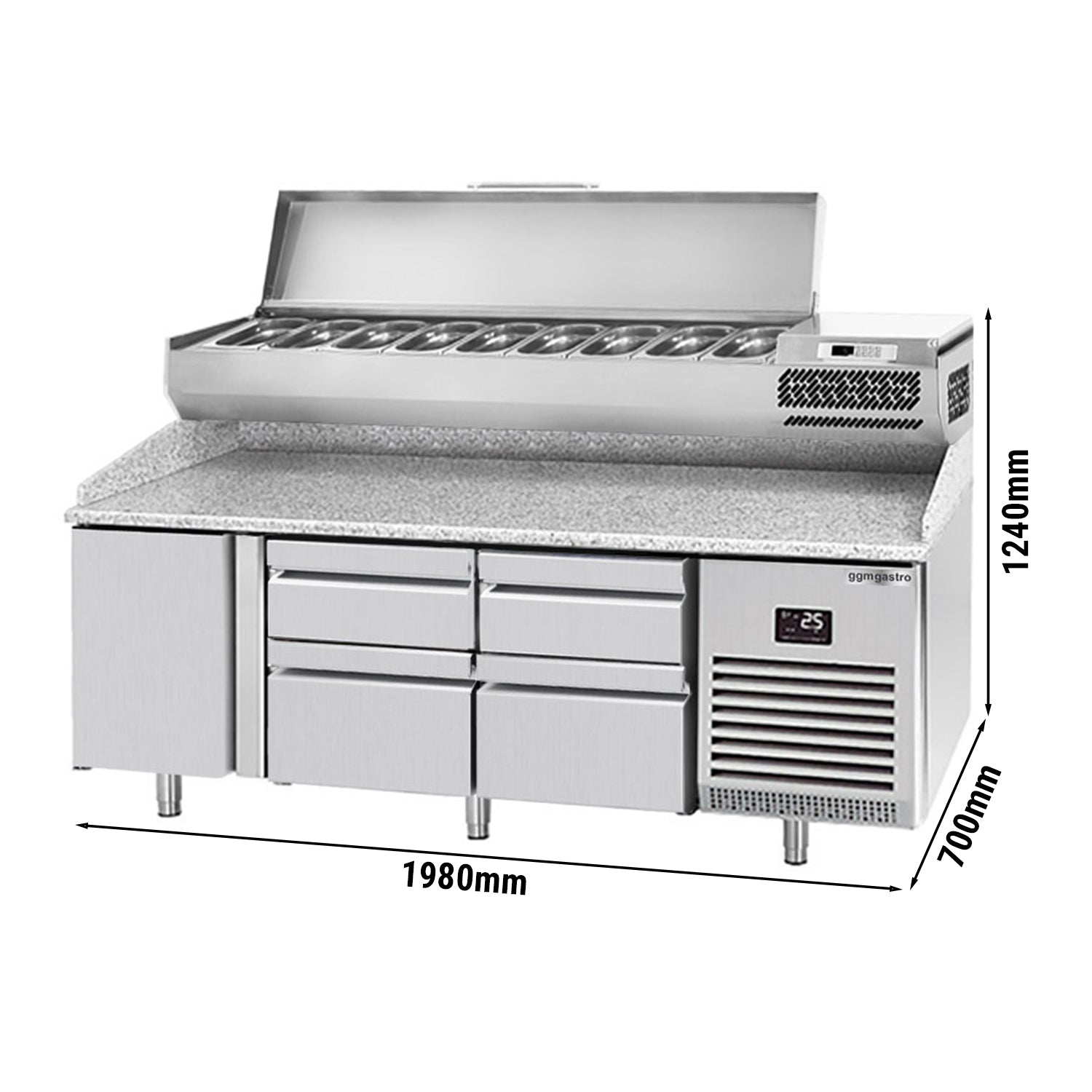 Охладителна маса за пица (GN) - с 1 врата, 4 чекмеджета 2x 2/3 и 2x 1/3 (GN 1/1) и охлаждаща горна витрина за 9x GN 1/4 контейнера