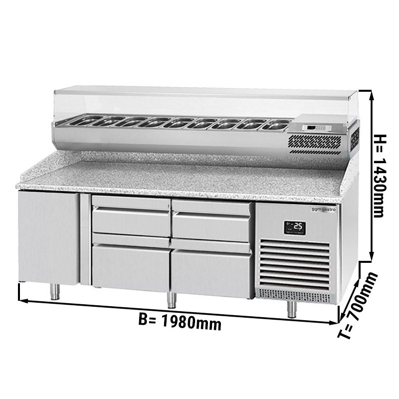 Хладилна маса за пица (GN) - с 1 врата, 4 чекмеджета 2x 2/3 и 2x 1/3 (GN 1/1) и охлаждаща горна витрина за 9x GN 1/4 контейнера
