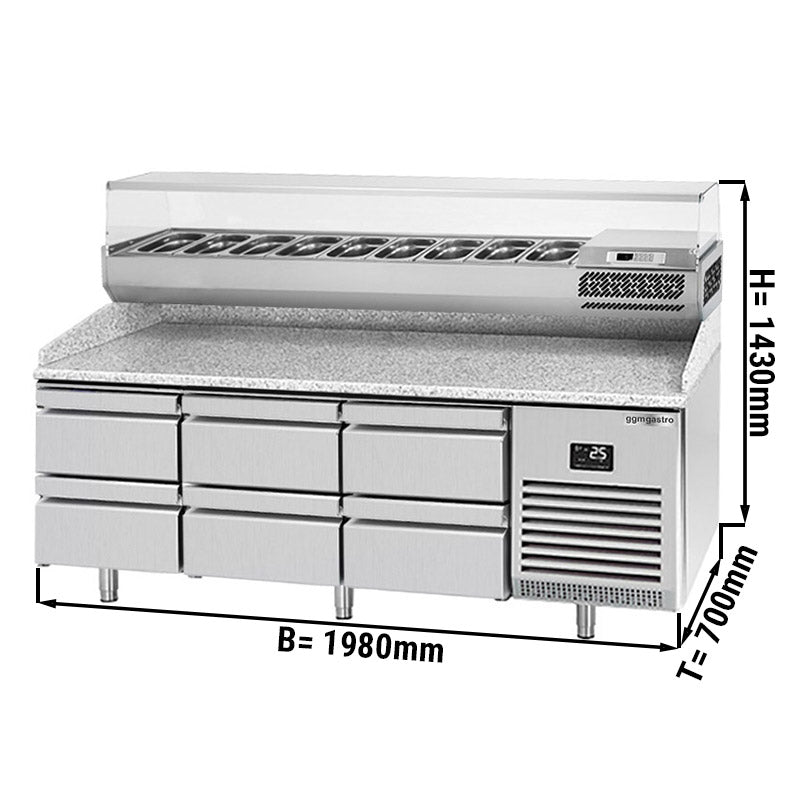 Refrigerated pizza table (GN) - with 6 1/2 drawers (GN 1/1) and cooling top display for 9x GN 1/4 containers