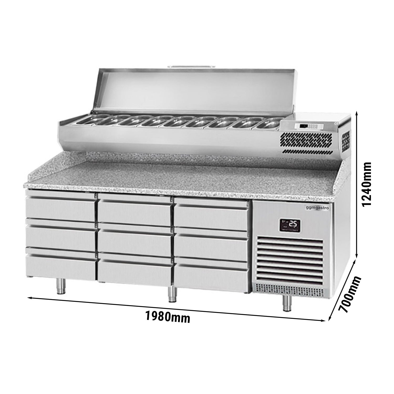 Охладителна маса за пица (GN) - с 9 чекмеджета 1/3 (GN 1/1) и охлаждаща горна витрина за 9x GN 1/4 контейнера