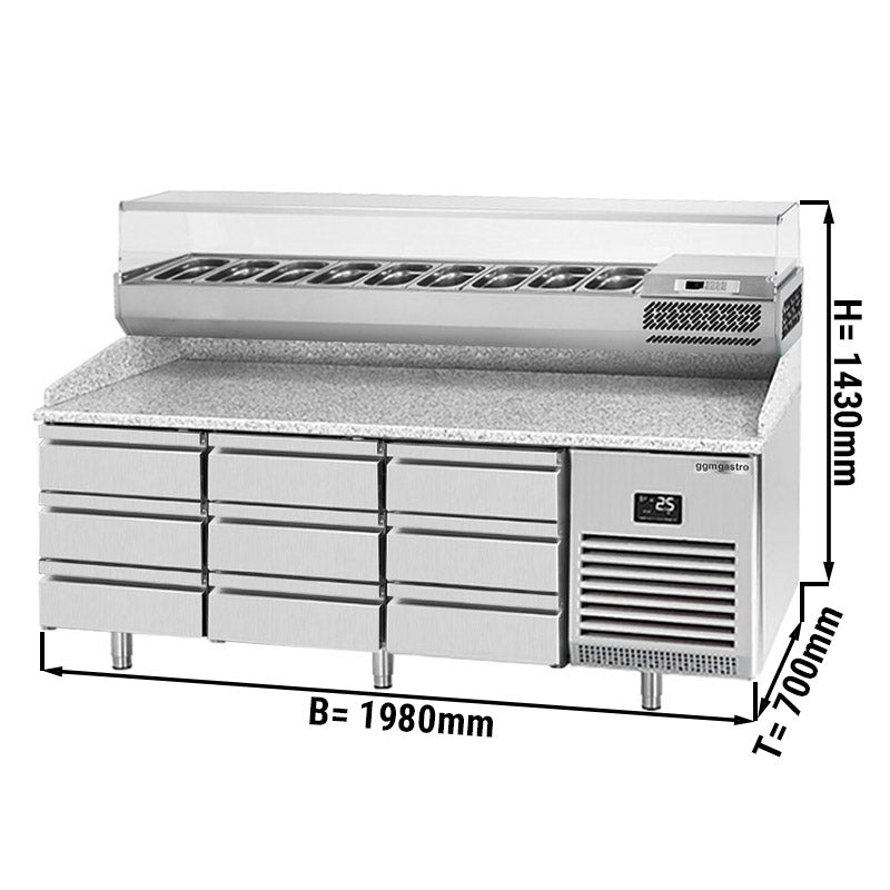 Refrigerated pizza table (GN) - with 9 drawers 1/3 (GN 1/1) and cooling top display for 9x GN 1/4 containers