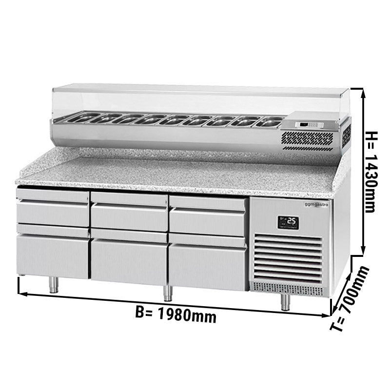 Refrigerated pizza table (GN) - with 6 drawers 3x 2/3 and 3x 1/3 (GN 1/1) and cooling upper display for 9x GN 1/4 containers