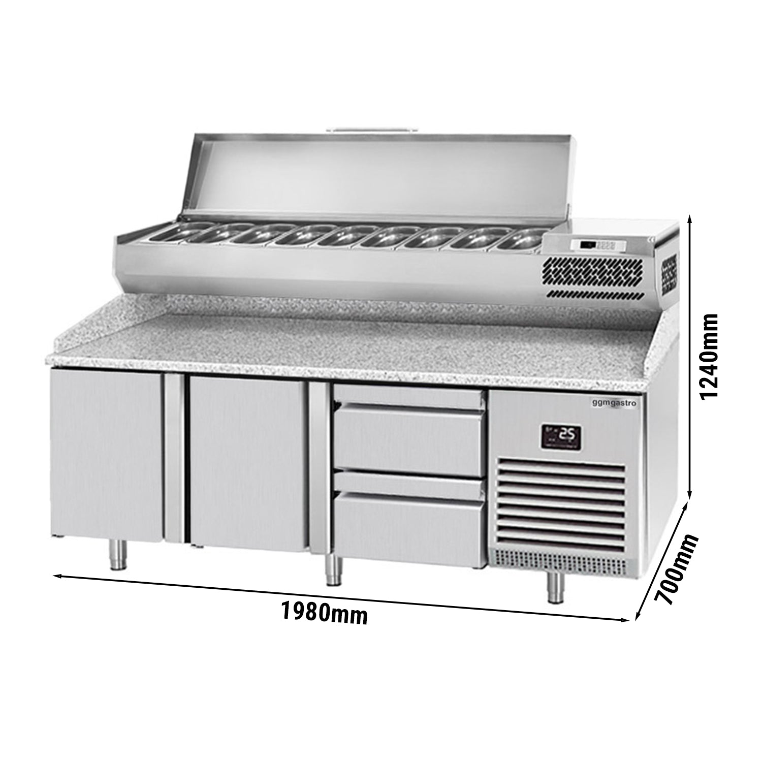 Refrigerated pizza table (GN) - with 2 doors, 2 drawers 1/2 (GN 1/1) and cooling top display for 9x GN 1/4 containers