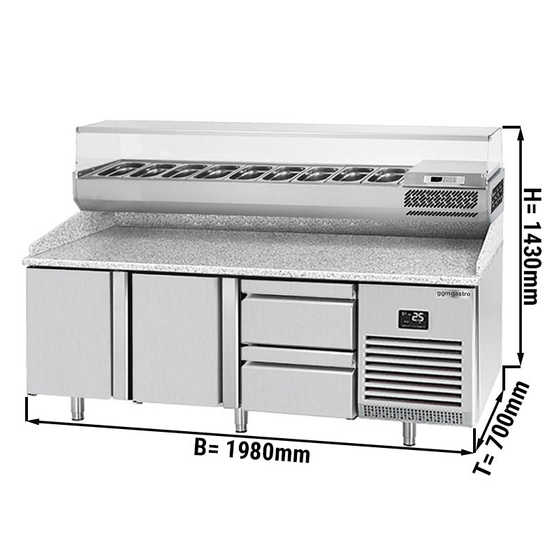 Refrigerated pizza table (GN) - with 2 doors, 2 drawers 1/2 (GN 1/1) and cooling upper display for 9x GN 1/4 containers