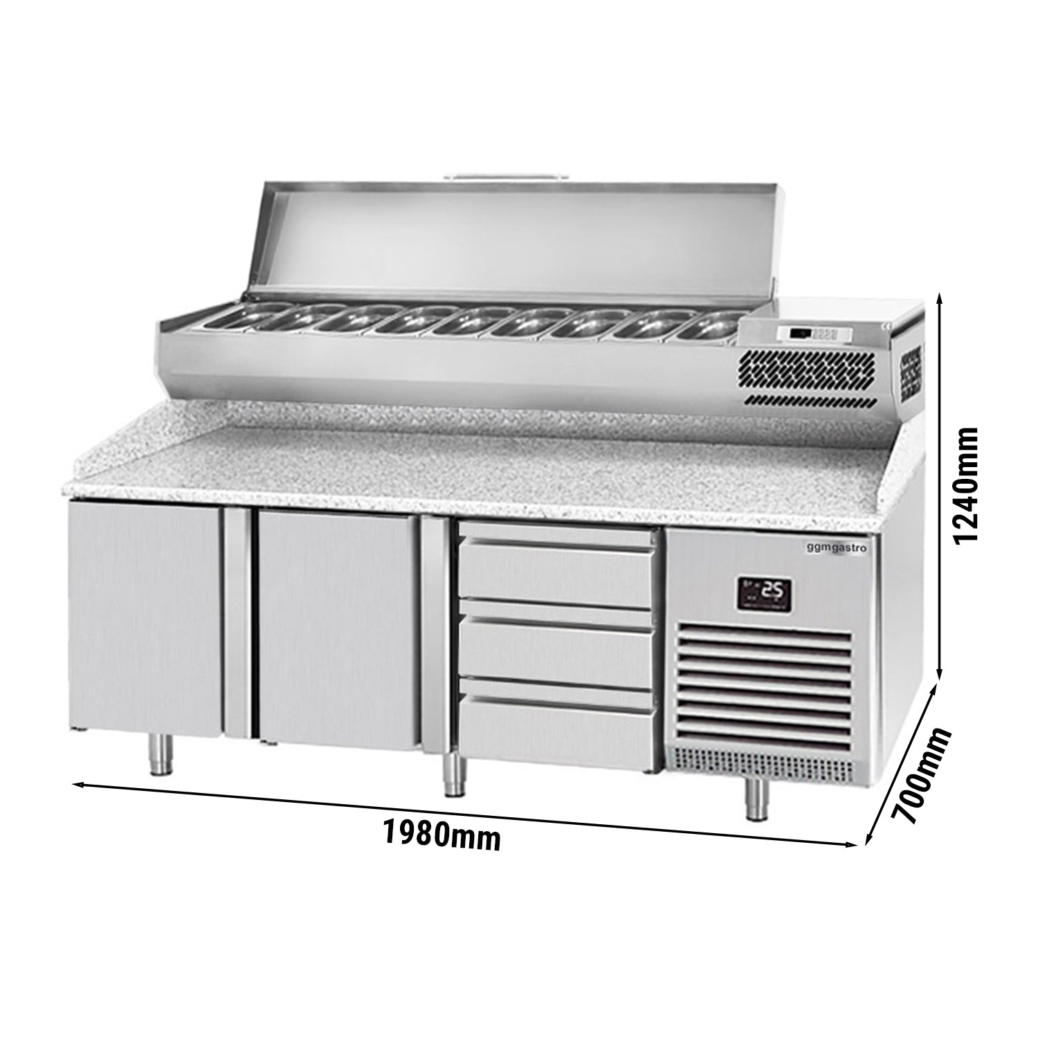 Refrigerated pizza table (GN) - with 2 doors, 3 drawers 1/3 (GN 1/1) and cooling upper display for 9x GN 1/4 containers