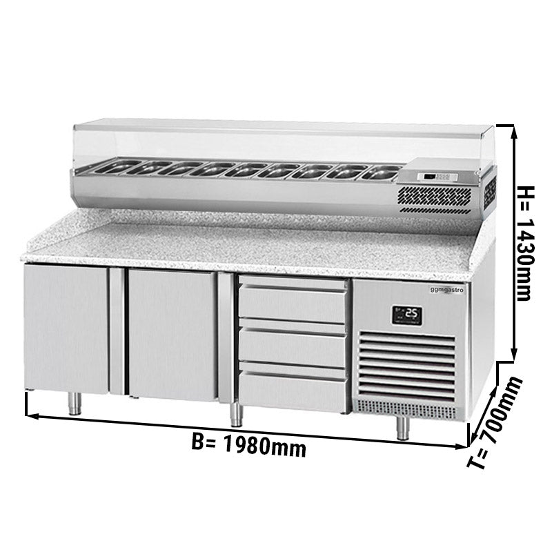 Refrigerated pizza table (GN) - with 2 doors, 3 drawers 1/3 (GN 1/1) and cooling top display for 9x GN 1/4 containers