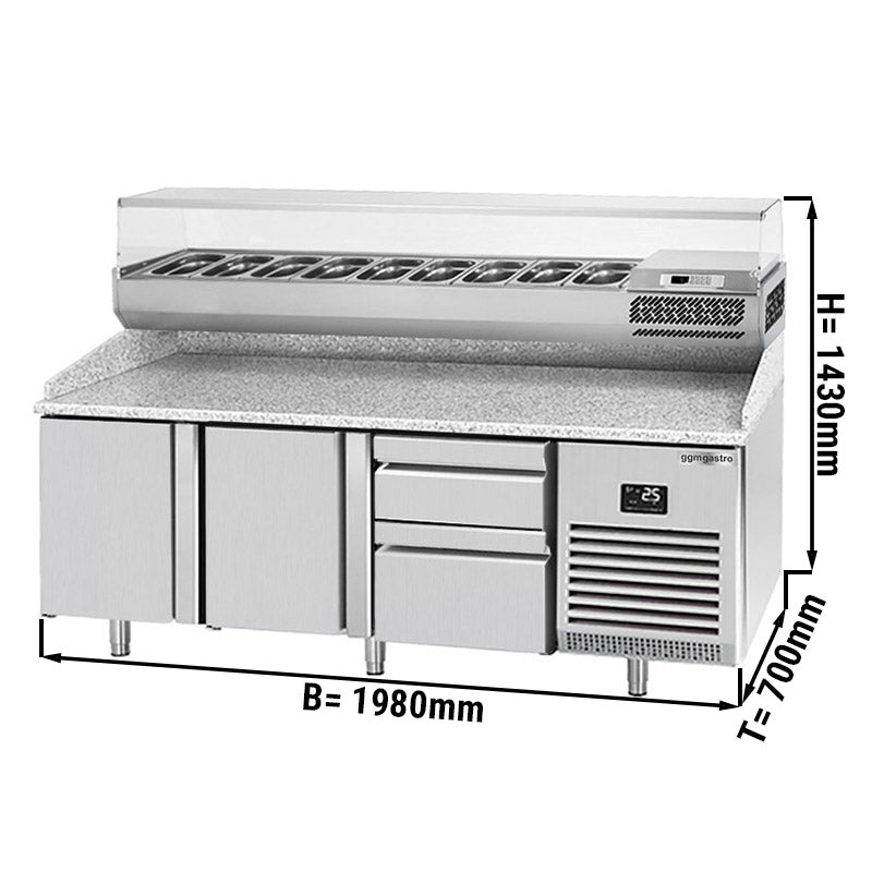 Refrigerated pizza table (GN) - with 2 doors, 2 drawers 1x 2/3 and 1x 1/3 (GN 1/1) and cooling upper display for 9x GN 1/4 containers