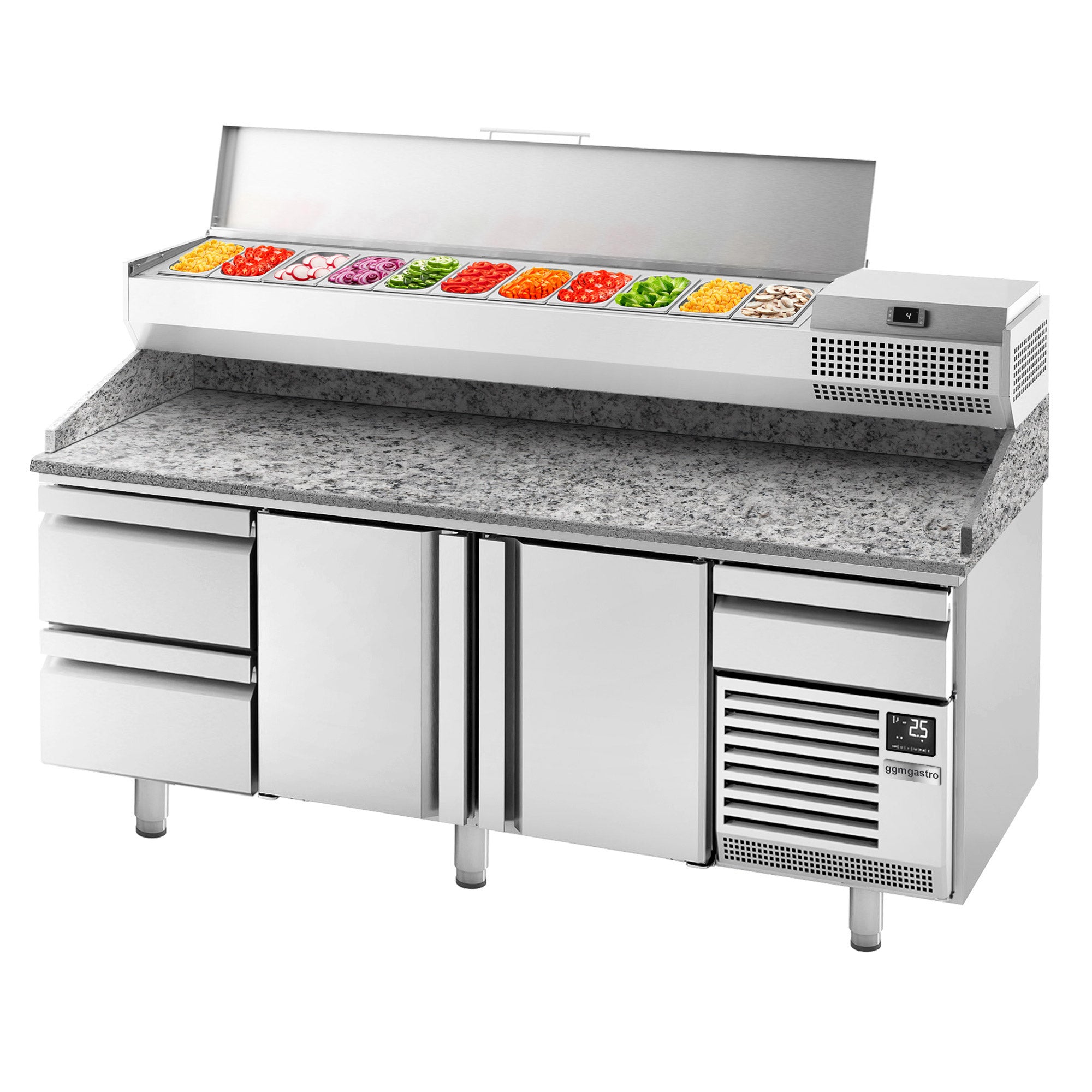 Refrigerated pizza table (EN) - with 2 doors, 2 neutral drawers 1/2 and cooling upper display for 11x GN 1/4 containers