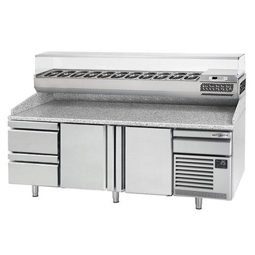 Refrigerated pizza table (EN) - with 2 doors, 2 neutral drawers 1/2 and cooling upper display for 11x GN 1/4 containers