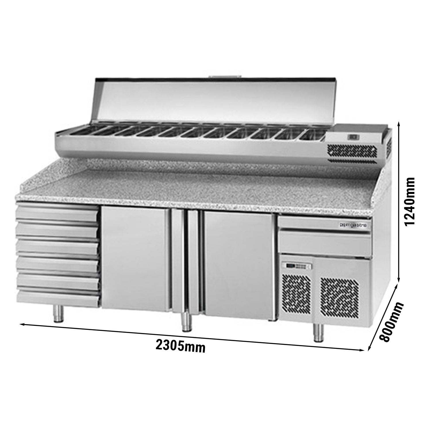 Refrigerated pizza table (EN) - with 2 doors, 6 neutral drawers and a cooling top display for 11x GN 1/4 containers