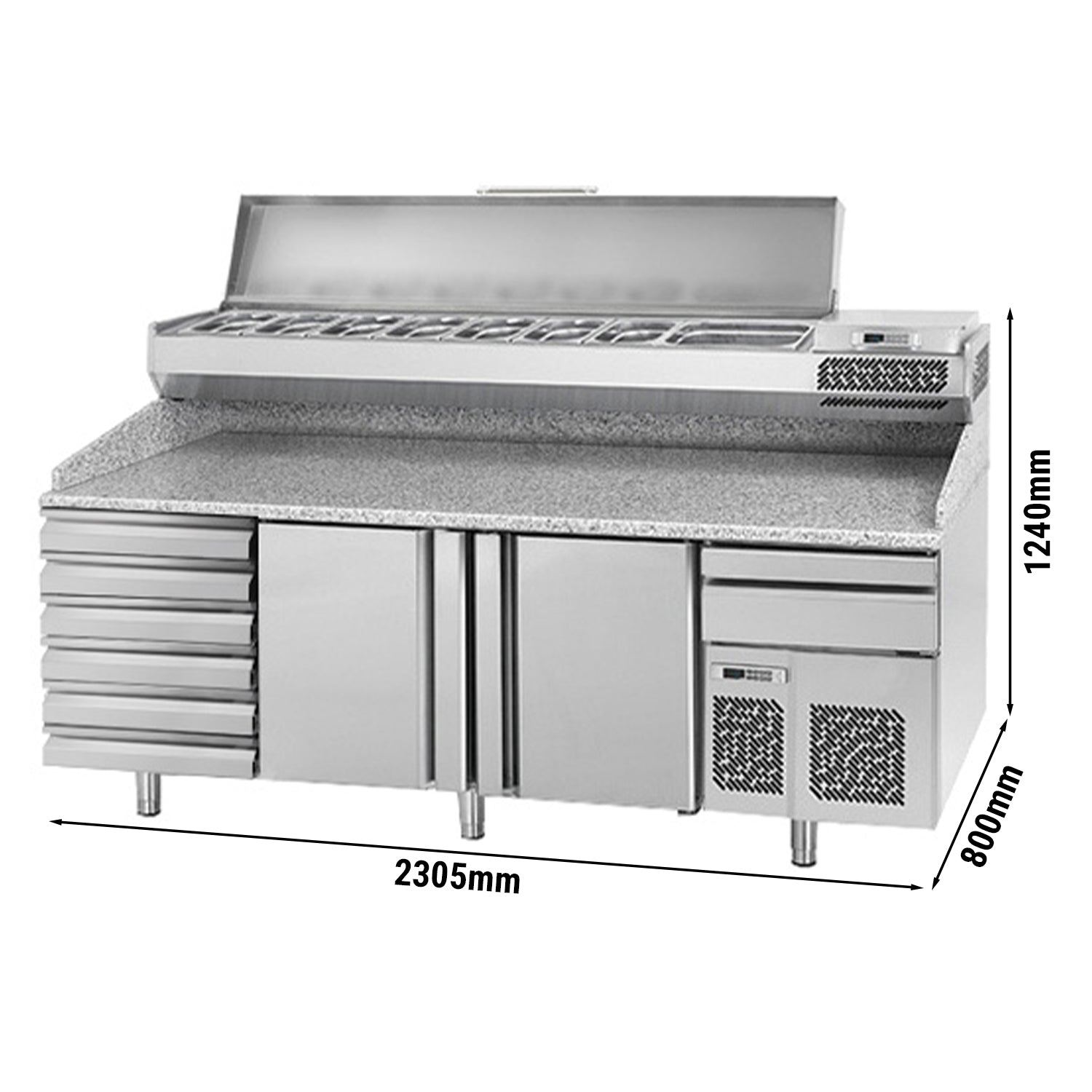 Refrigerated pizza table (EN) - with 2 doors and 6 neutral drawers