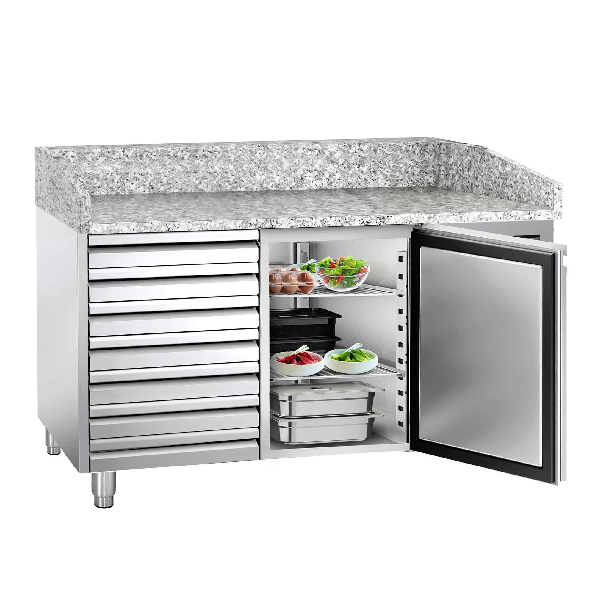 Premium pizza counter 1.5 x 0.8 m - with 1 door and 7 neutral drawers