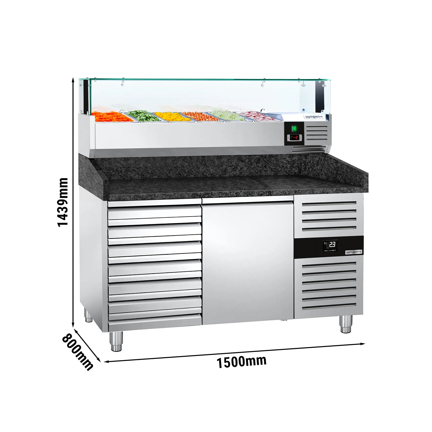 Refrigerated pizza table PREMIUM 1.5 x 0.8 m - with 1 door and 7 neutral drawers