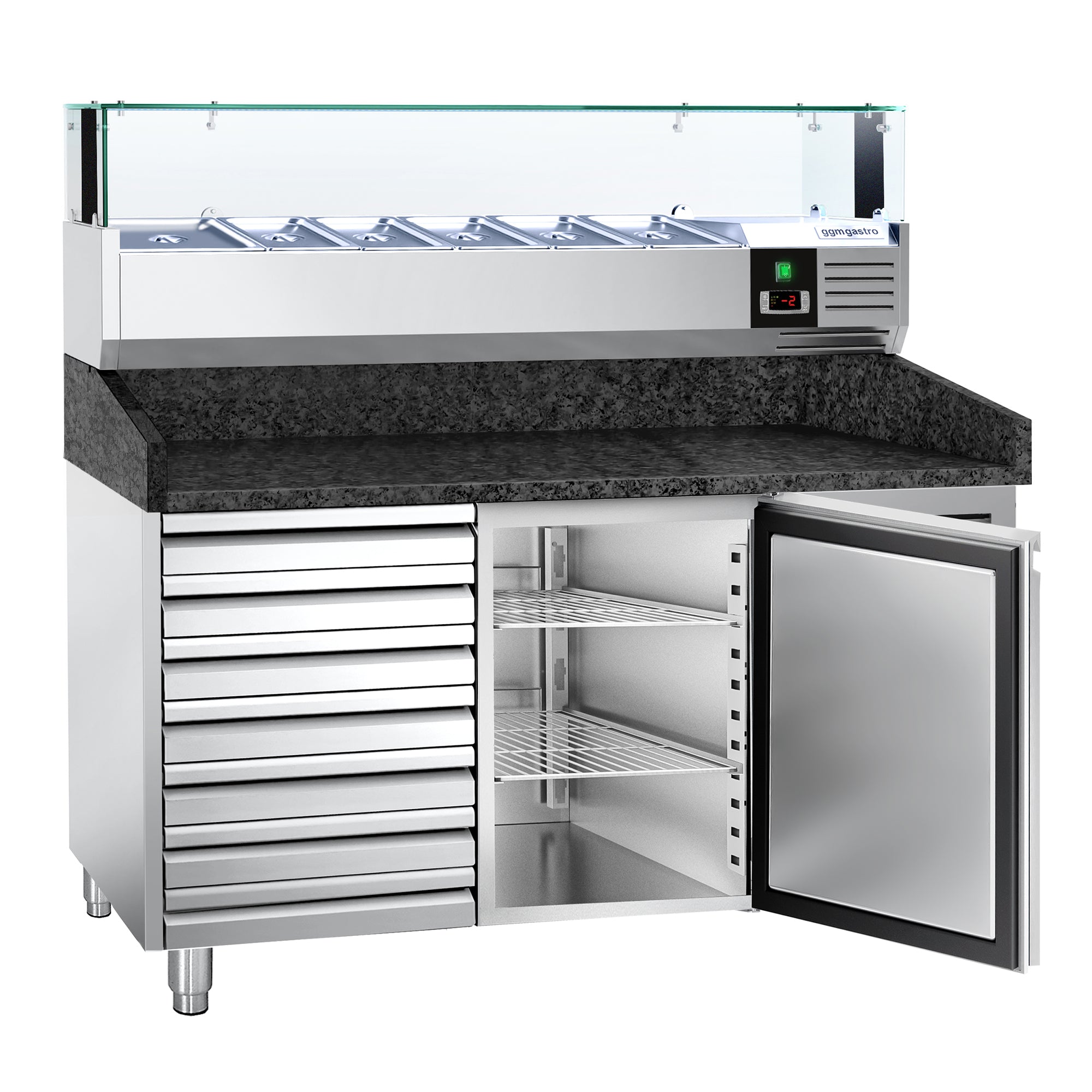 Refrigerated pizza table PREMIUM 1.5 x 0.8 m - with 1 door and 7 neutral drawers