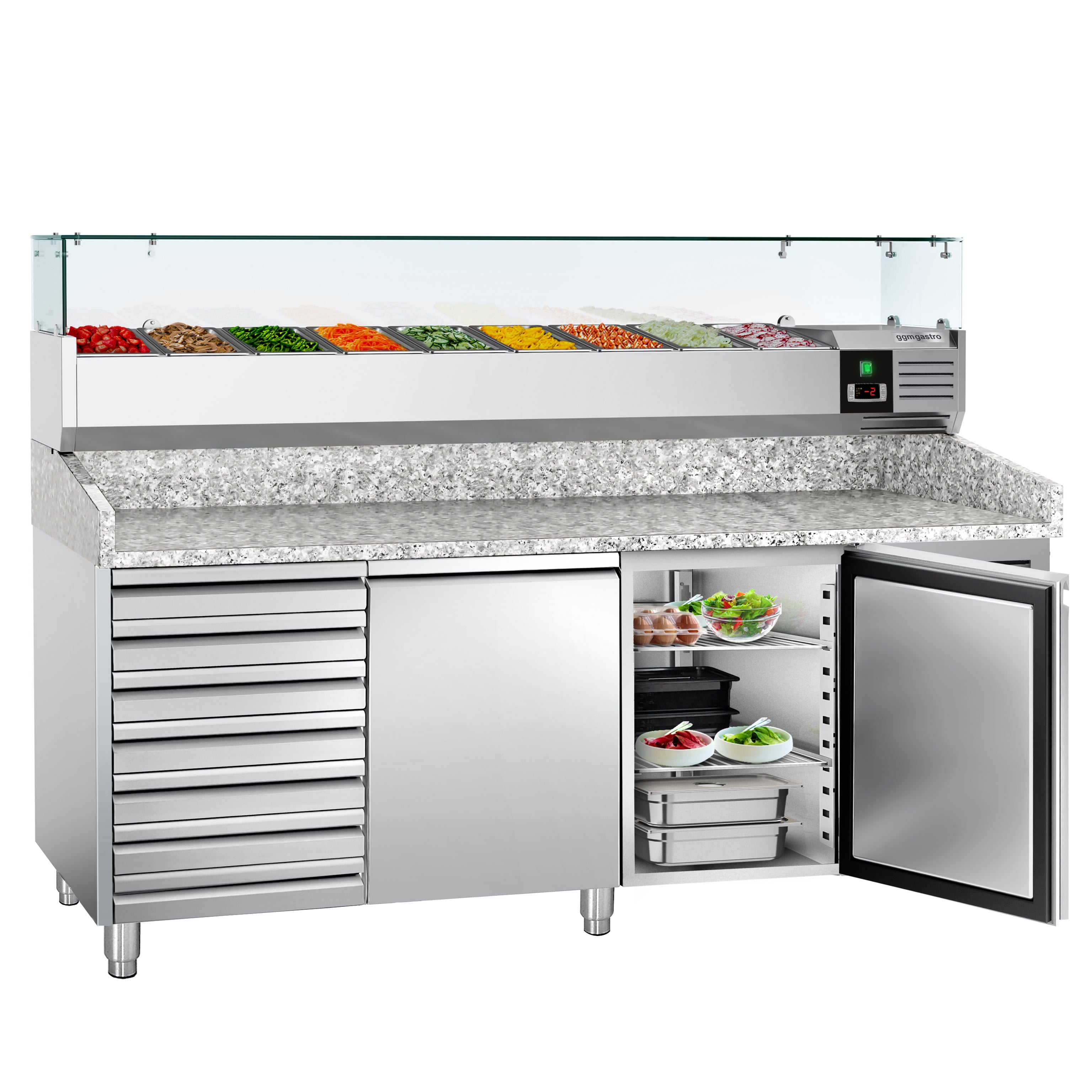 Refrigerated pizza table PREMIUM 2.0 x 0.8 m - with 2 doors and 7 neutral drawers