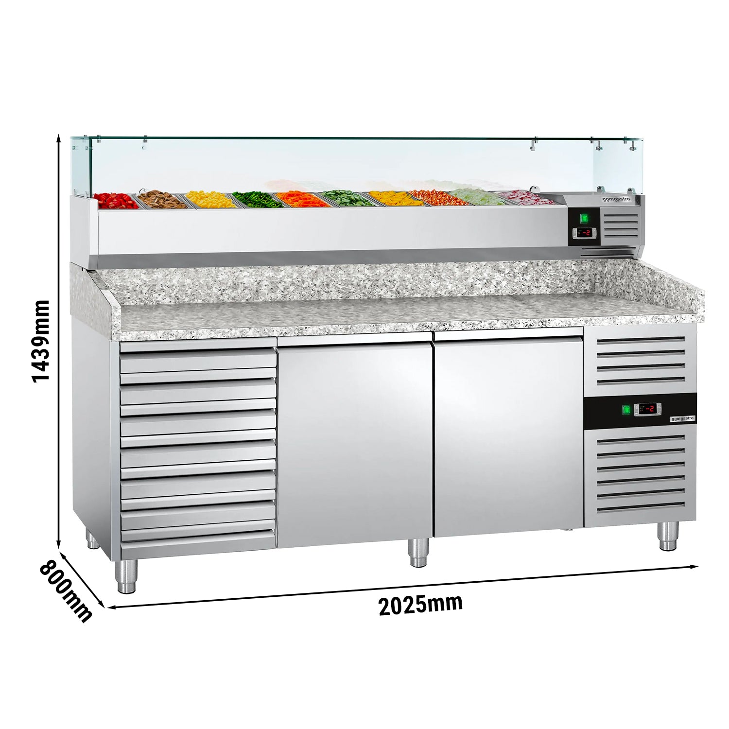 Refrigerated pizza table PREMIUM 2.0 x 0.8 m - with 2 doors and 7 neutral drawers