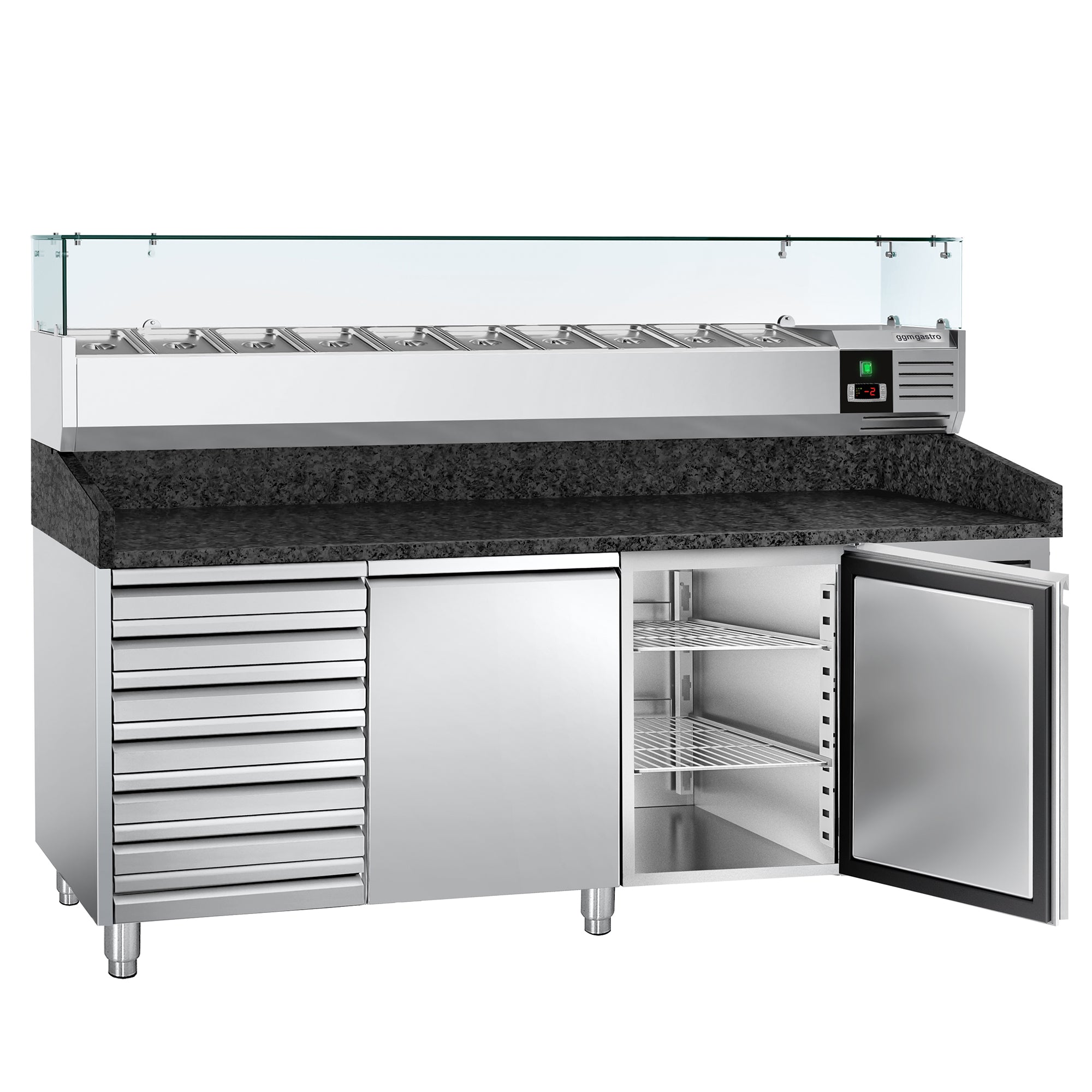 Refrigerated pizza table PREMIUM 2.0 x 0.8 m - with 2 doors and 7 neutral drawers