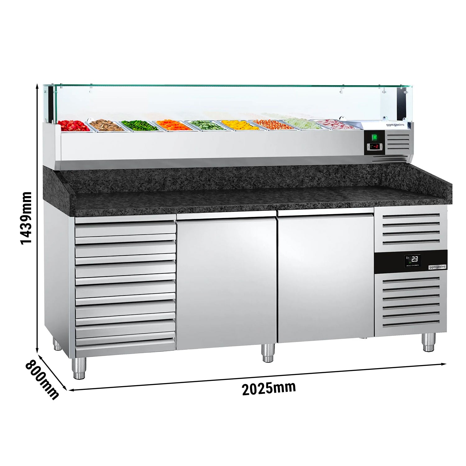 Refrigerated pizza table PREMIUM 2.0 x 0.8 m - with 2 doors and 7 neutral drawers