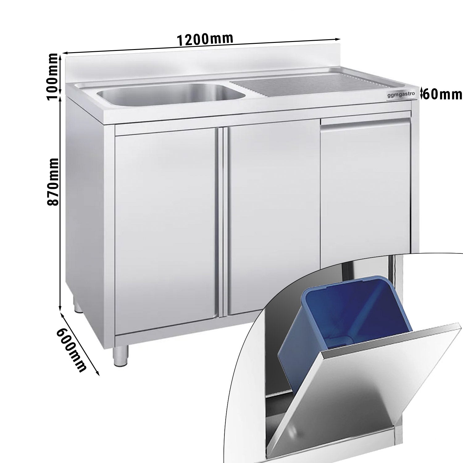 Шкаф за мивка от неръждаема стомана с кофа за боклук - 1,2 м - 1 леген отляво - Д 50 х Ш 40 см