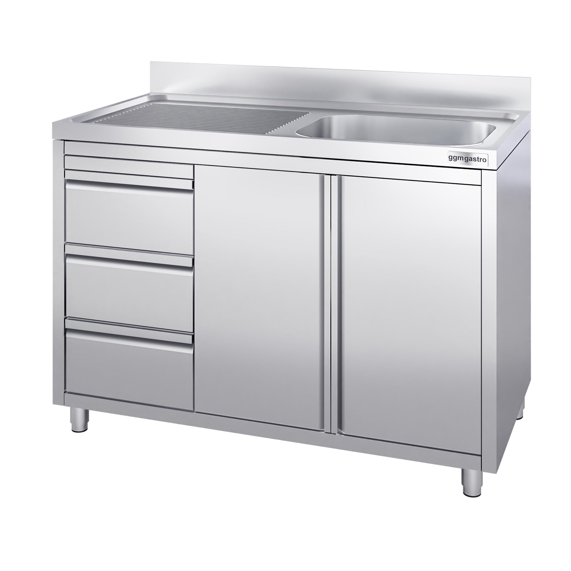 Sink cabinet with 3 drawers - 1.2 m - 1 sink right - with edging and double doors