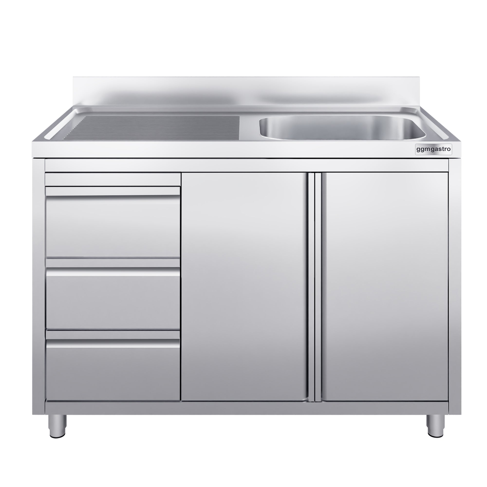 Sink cabinet with 3 drawers - 1.2 m - 1 sink right - with edging and double doors