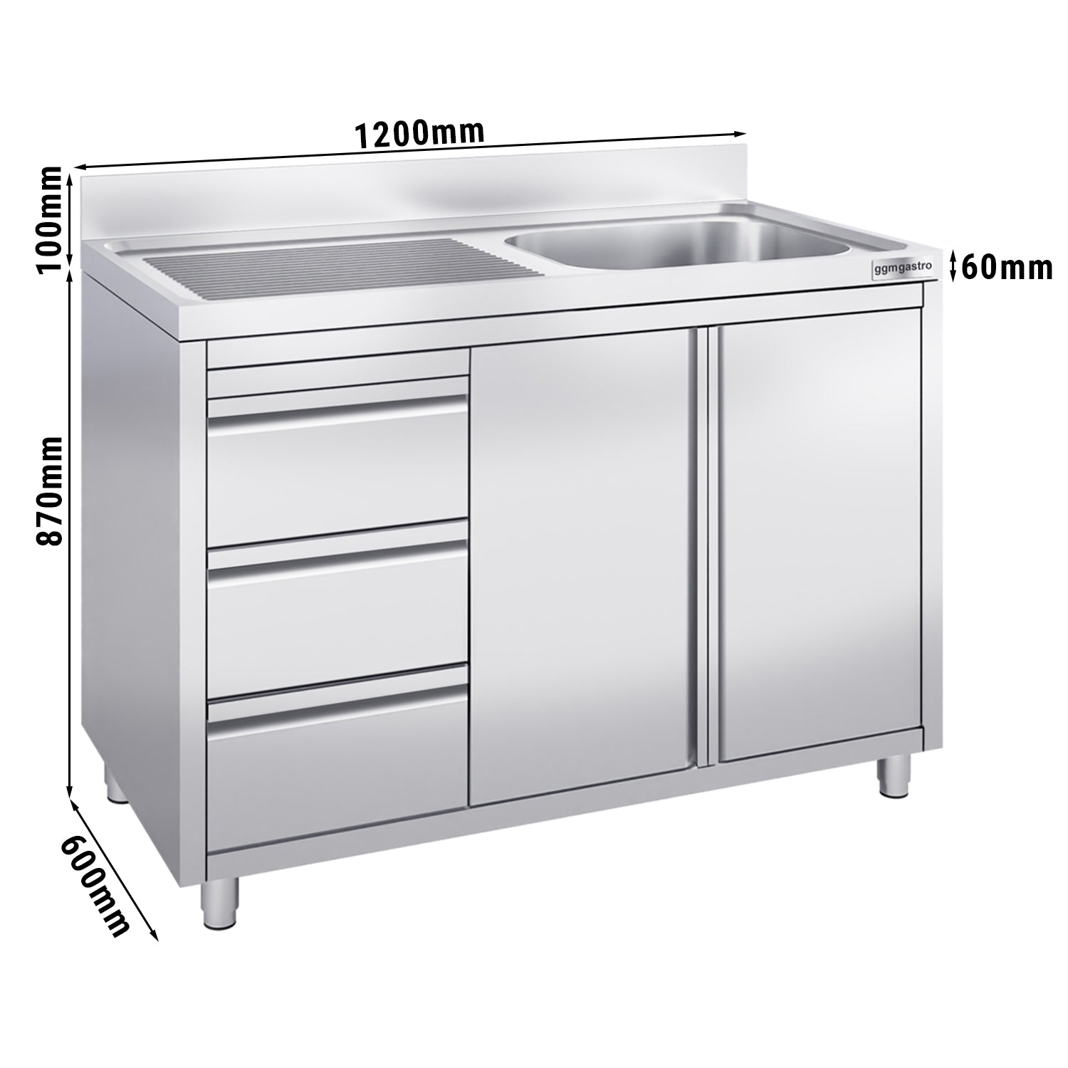 Sink cabinet with 3 drawers - 1.2 m - 1 sink right - with edging and double doors