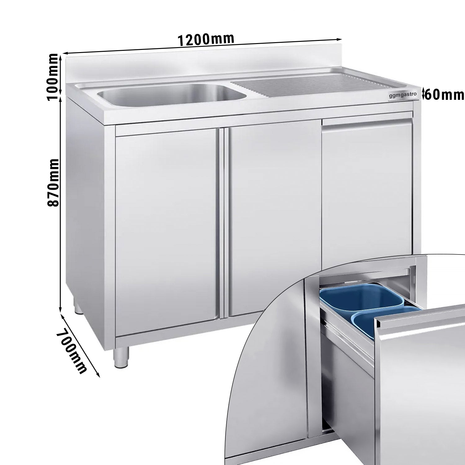 Sink cabinet with waste container - 1.2 m - 1 sink left - with edging and double doors