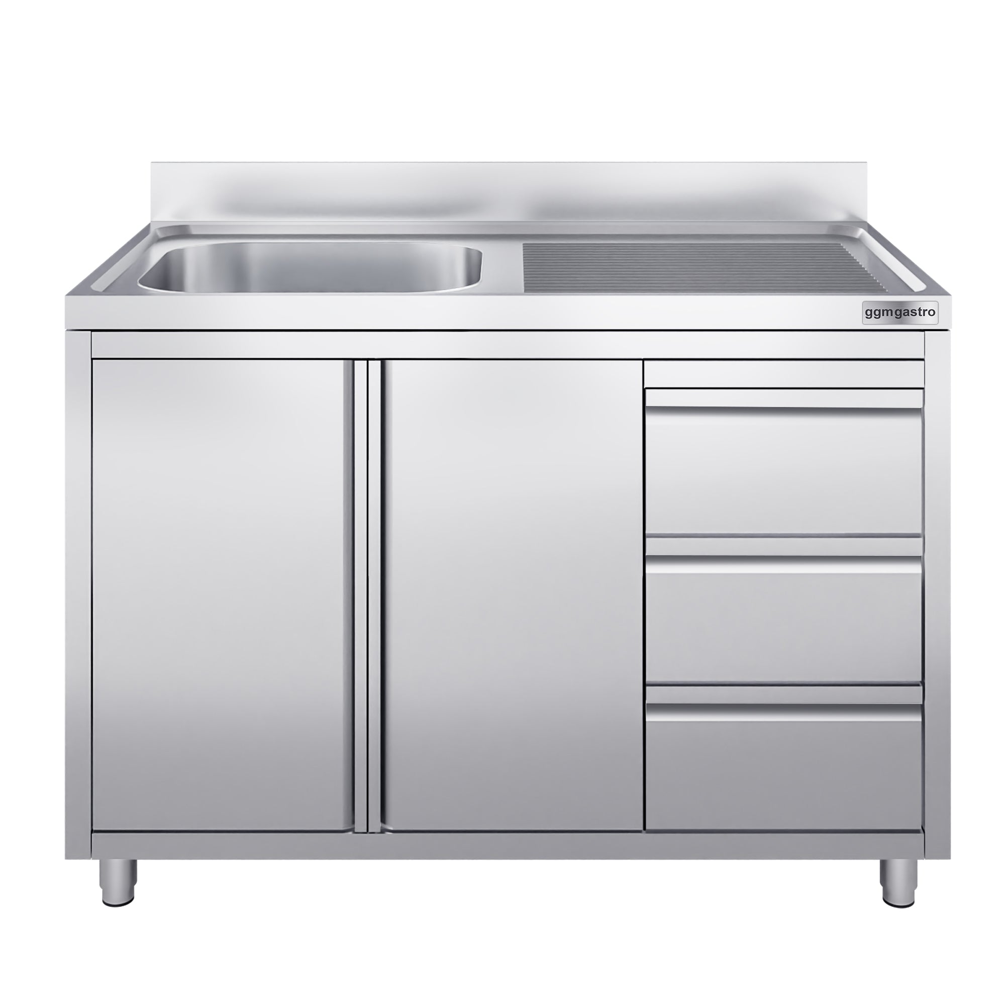 Sink cabinet with 3 drawers - 1.2 m - 1 sink left - with edging and double doors