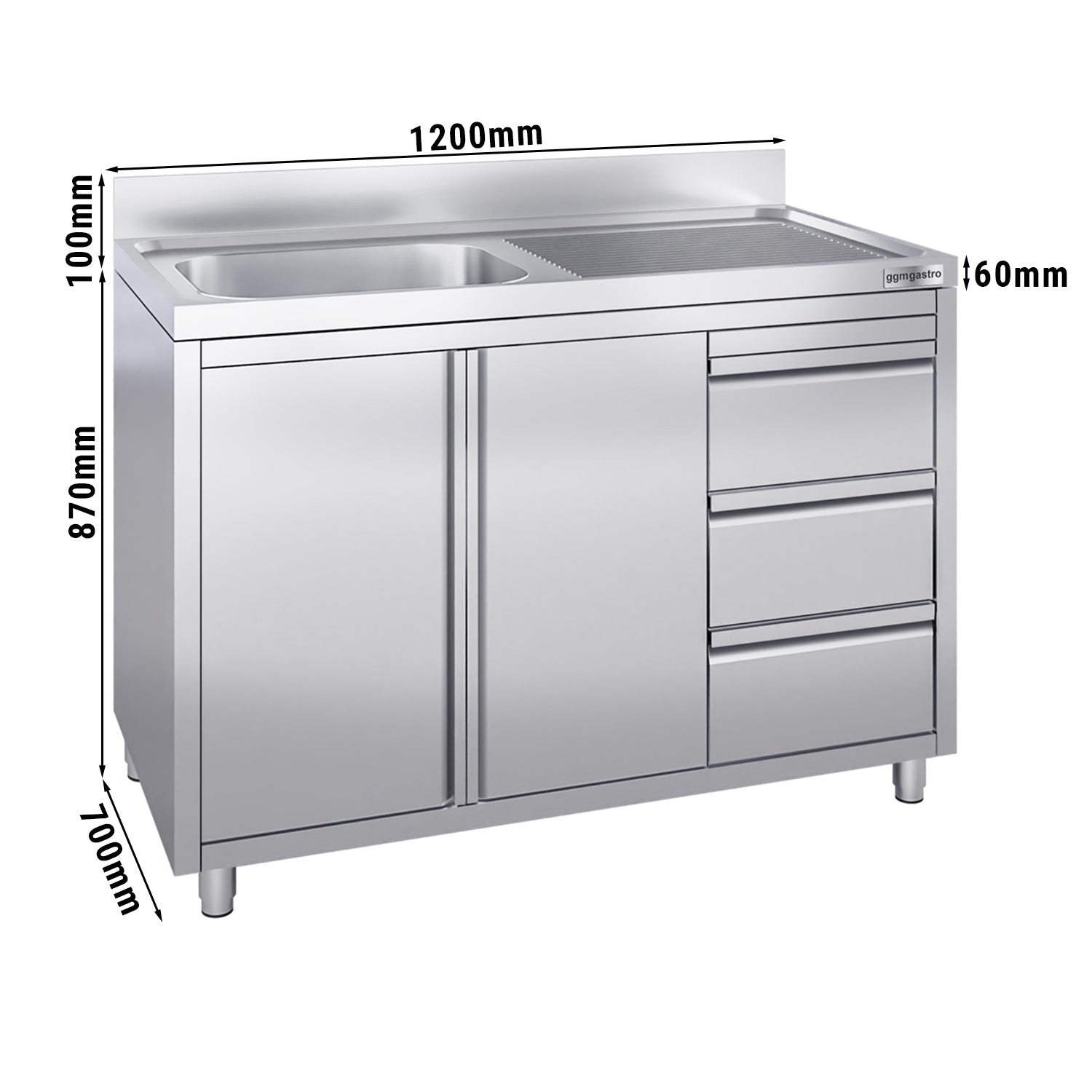 Sink cabinet with 3 drawers - 1.2 m - 1 sink left - with edging and double doors