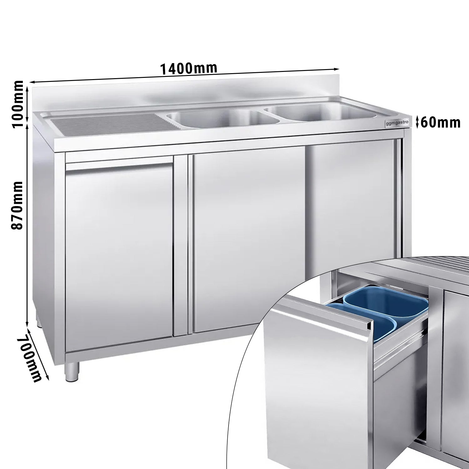 Шкаф за мивка с контейнер за отпадъци - 1,4 m - 2 мивка вдясно - с кант и двукрили врати