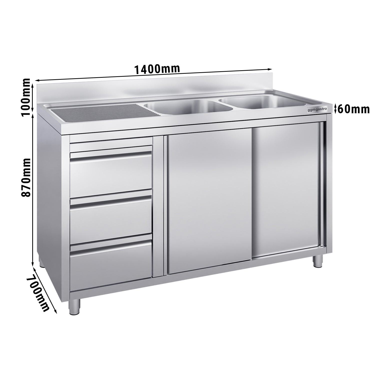 Sink cabinet with 3 drawers - 1.4 m - 2 sinks on the right - with edging and double doors