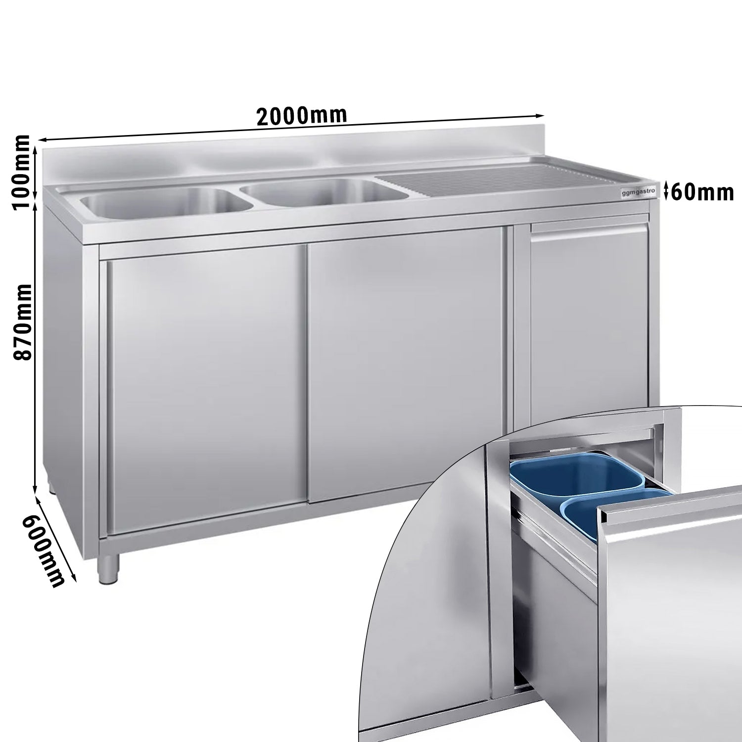 Мивка и шкаф с контейнер за отпадъци - 2,0 m - 2 мивки вляво - с кант и двукрили врати