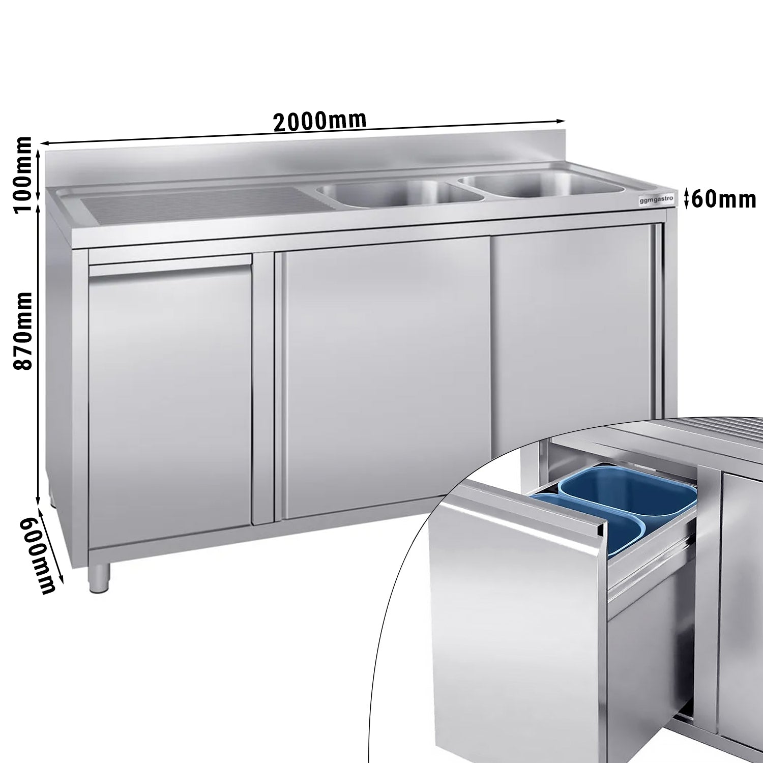 Sink cabinet with waste container - 2.0 m - 2 sinks on the right - with edging and double doors