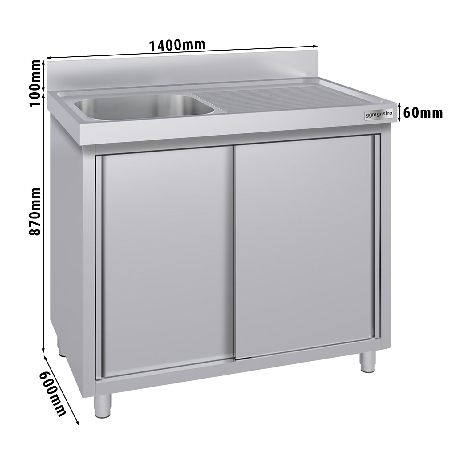 Stainless steel sink cabinet ECO - 1.4 m - 1 basin left - L 50 x W 40 x D 25 cm