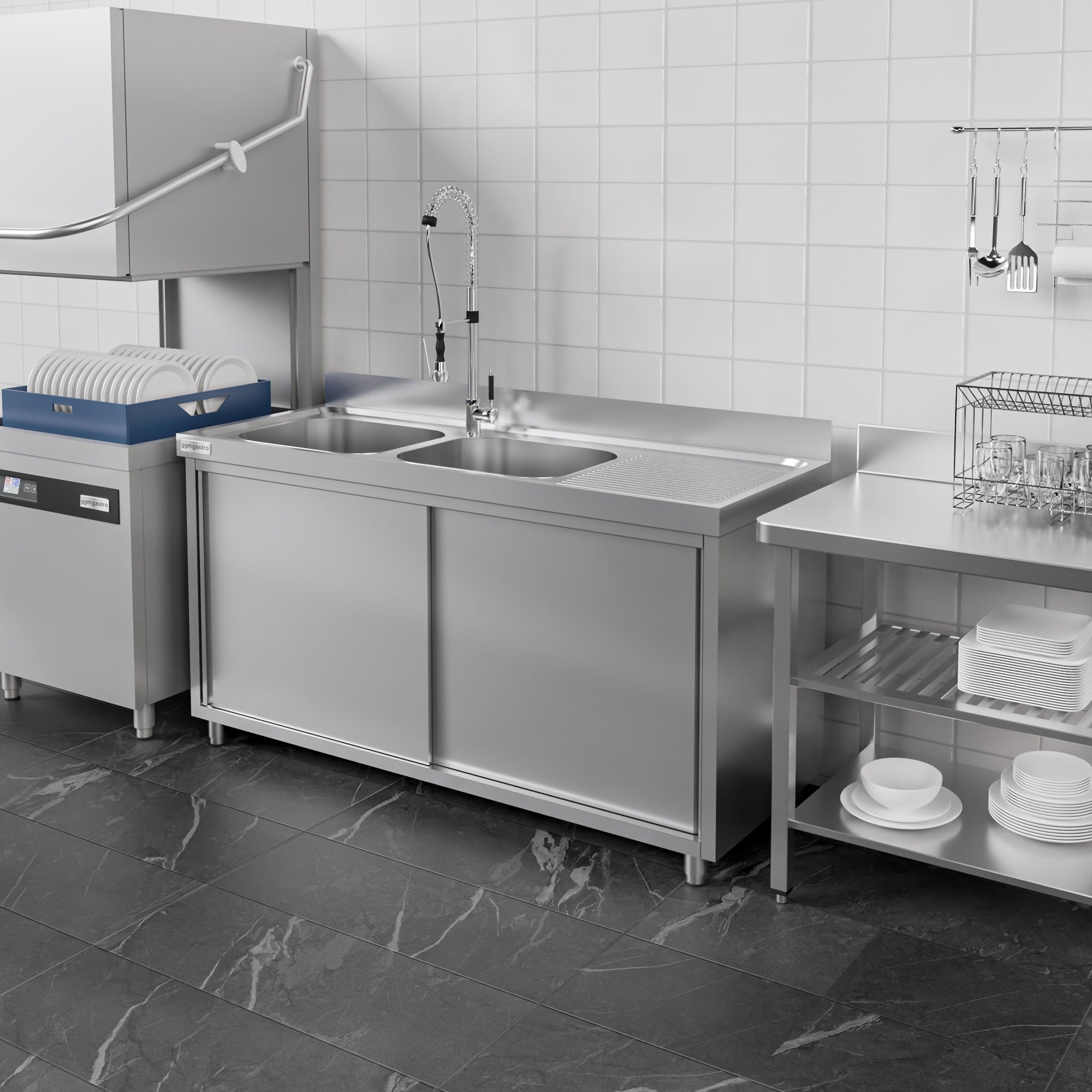 Stainless steel sink cabinet ECO - 1.4 m - 2 basins on the left - L 40 x W 40 x D 25 cm