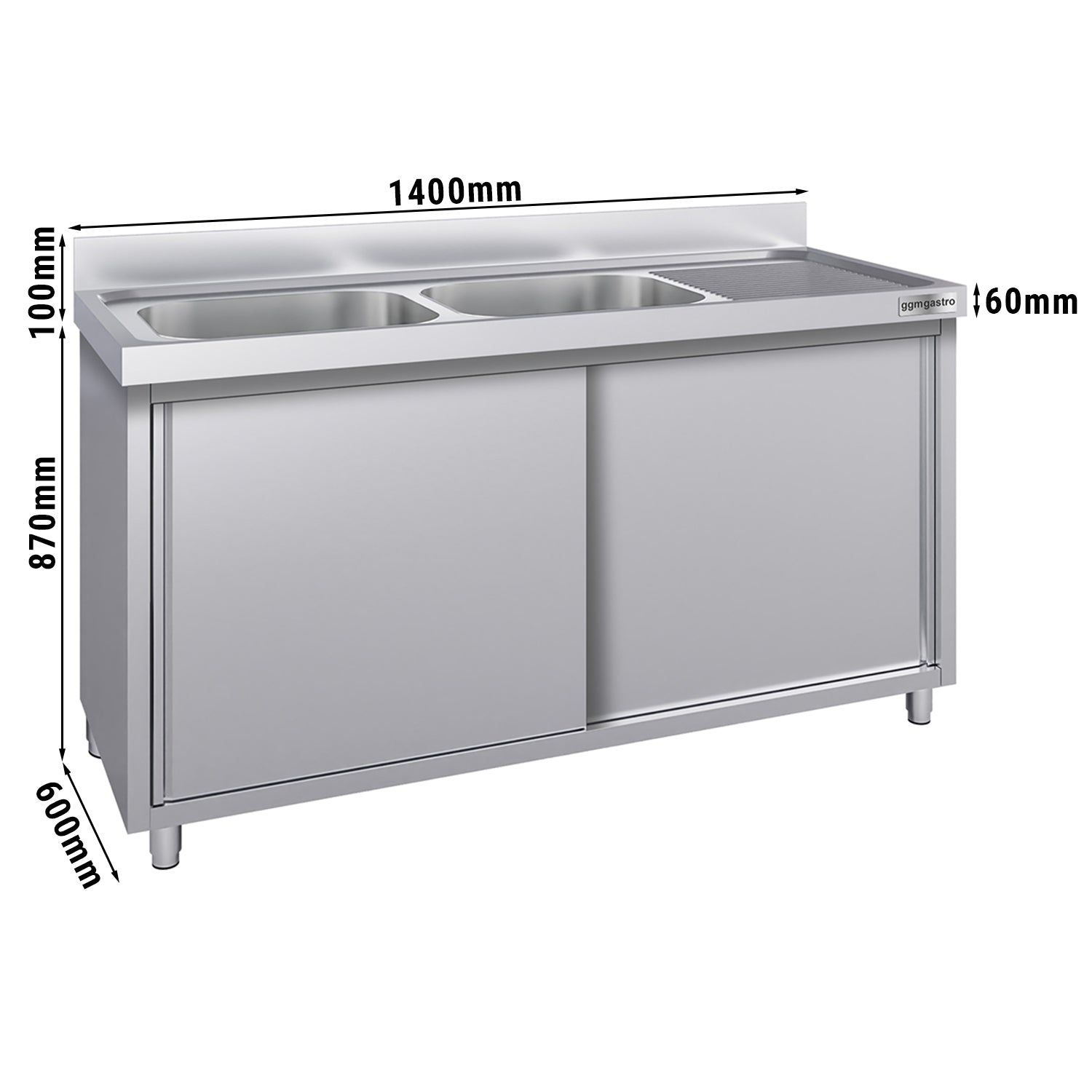 Stainless steel sink cabinet ECO - 1.4 m - 2 basins on the left - L 40 x W 40 x D 25 cm