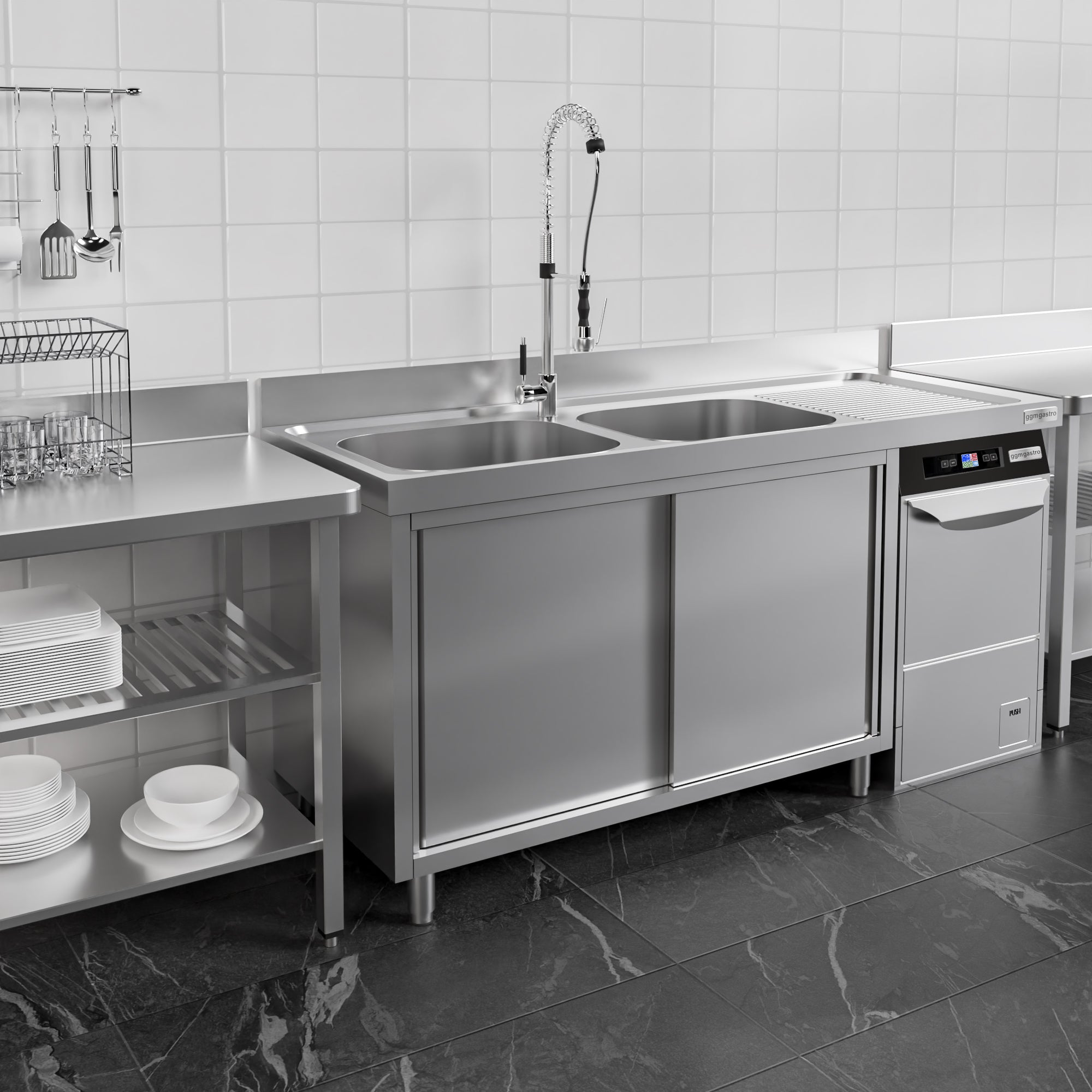 dishwashers Sink 1.6m - 2 basins on the left L 40 x W 40 x L 25 cm