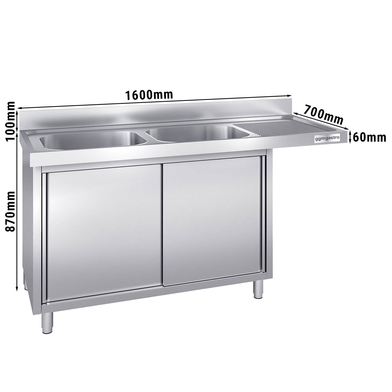 dishwashers Sink 1.6m - 2 basins on the left L 40 x W 50 x L 25 cm