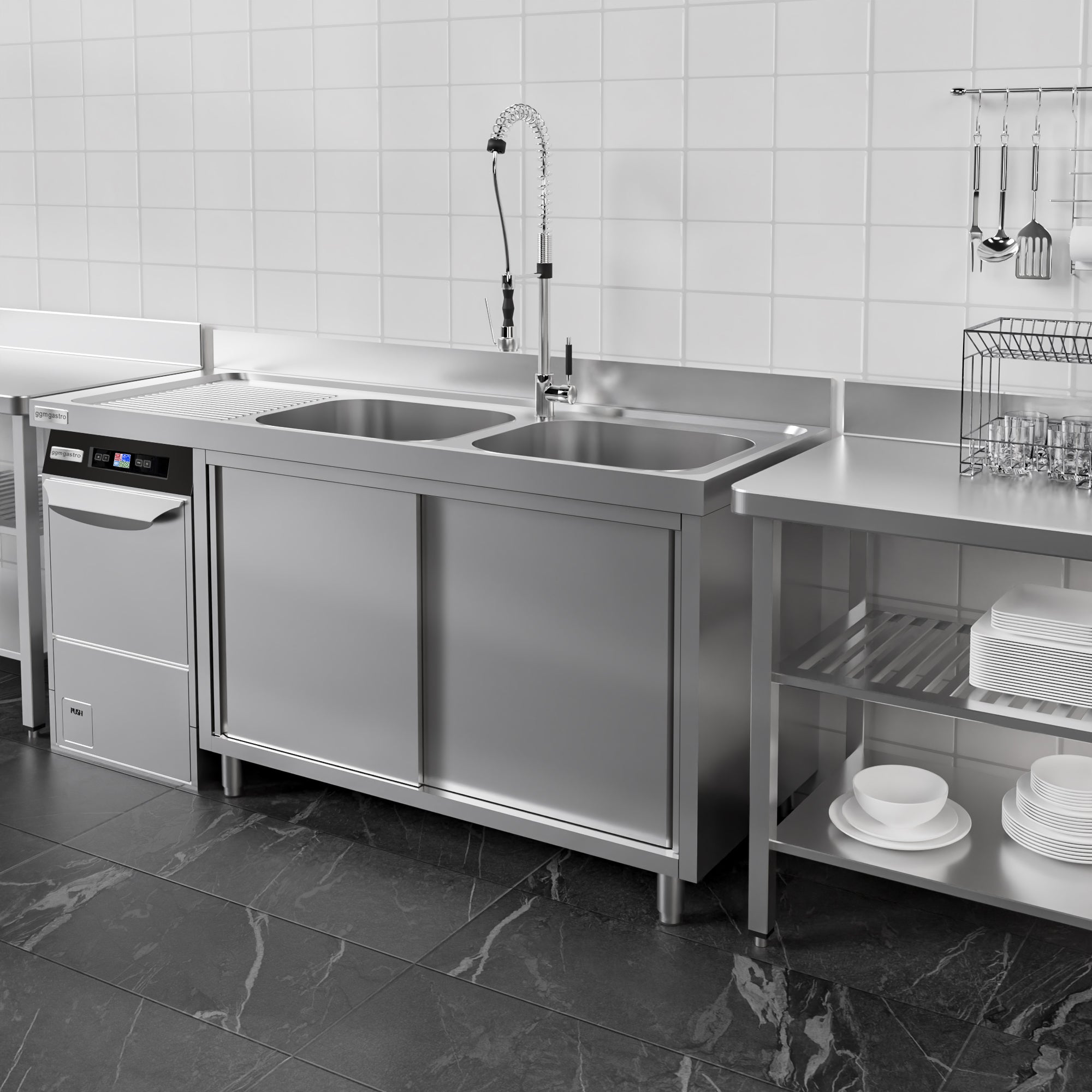 dishwashers Sink 1.6m - 2 basins on the right L 40 x W 50 x L 25 cm