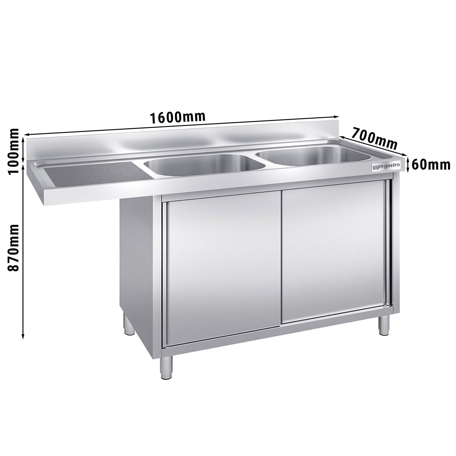 dishwashers Sink 1.6m - 2 basins on the right L 40 x W 50 x L 25 cm