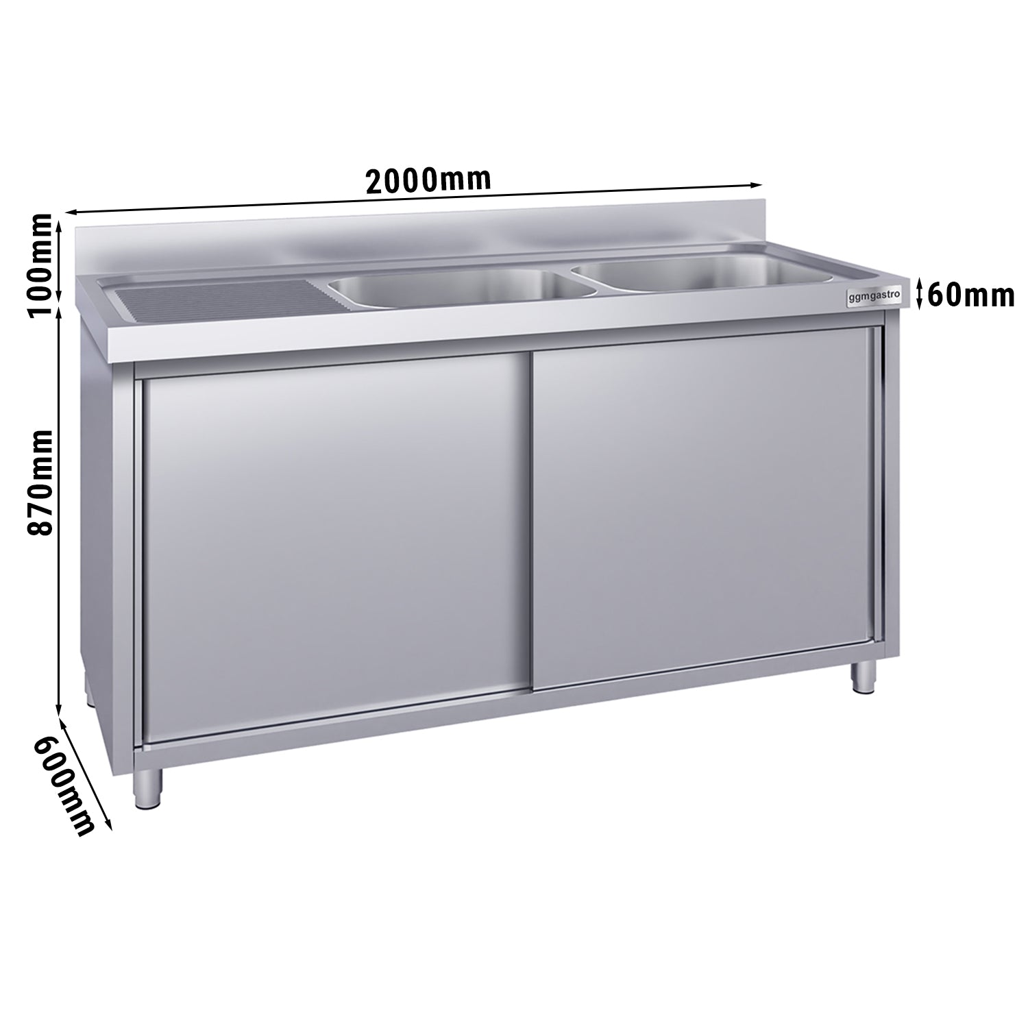 ECO stainless steel sink cabinet - 2.0 m - 2 sinks right - L 50 x W 40 x D 25 cm