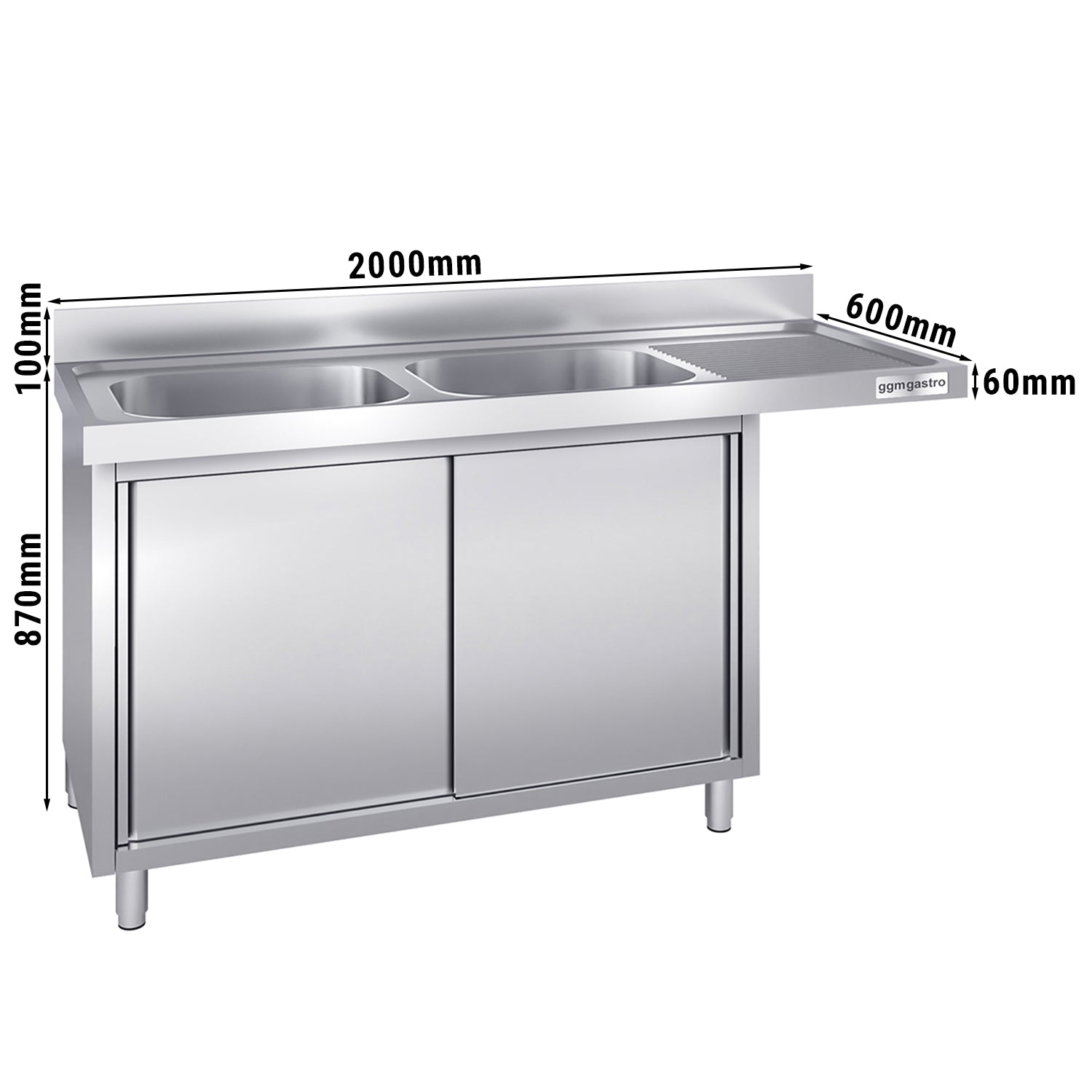 dishwashers Sink 2.0m - 2 basins on the left L 50 x W 50 x L 25 cm