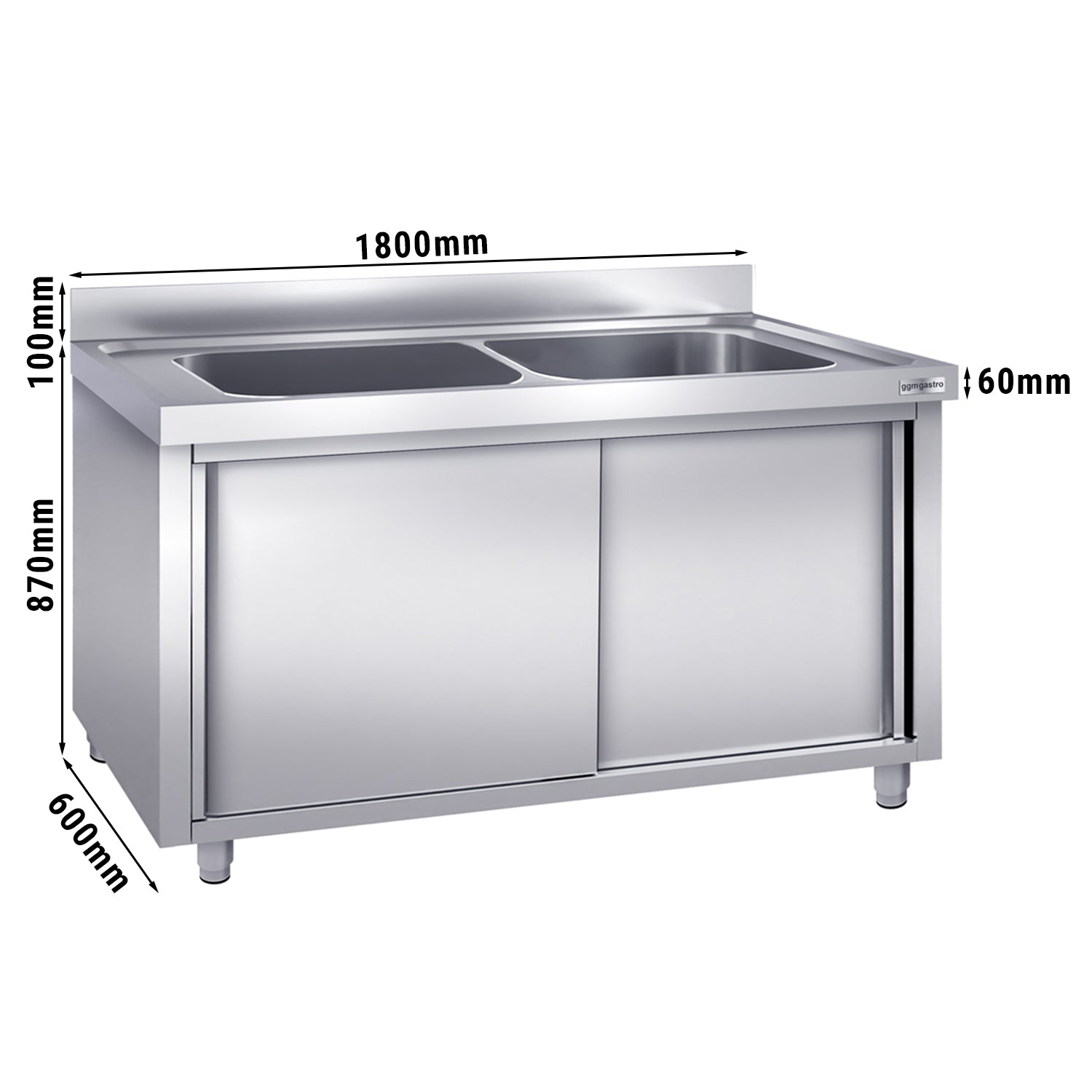 Pot sink 1.8 m - 2 basins L 80 x W 40 x D 35 cm