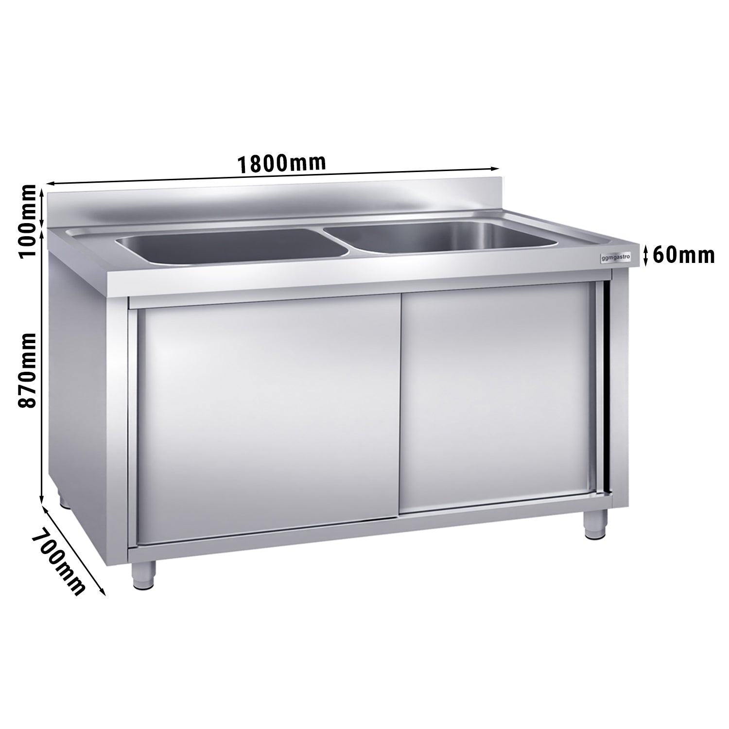 Pot sink 1.8 m - 2 basins L 80 x W 50 x D 35 cm