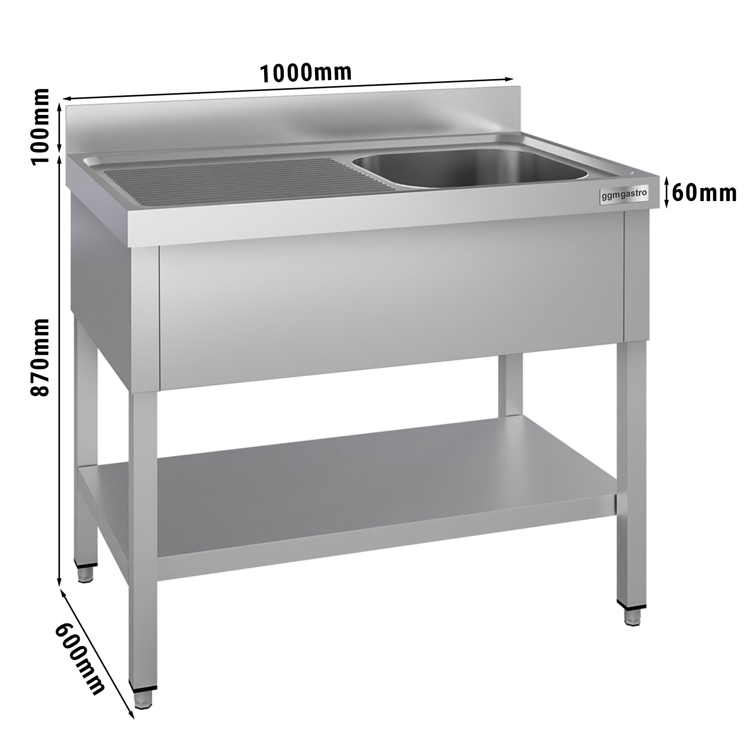 Stainless steel sink ECO - with base - 1.0 m - 1 basin right - L 40 x W 40 x D 25 cm