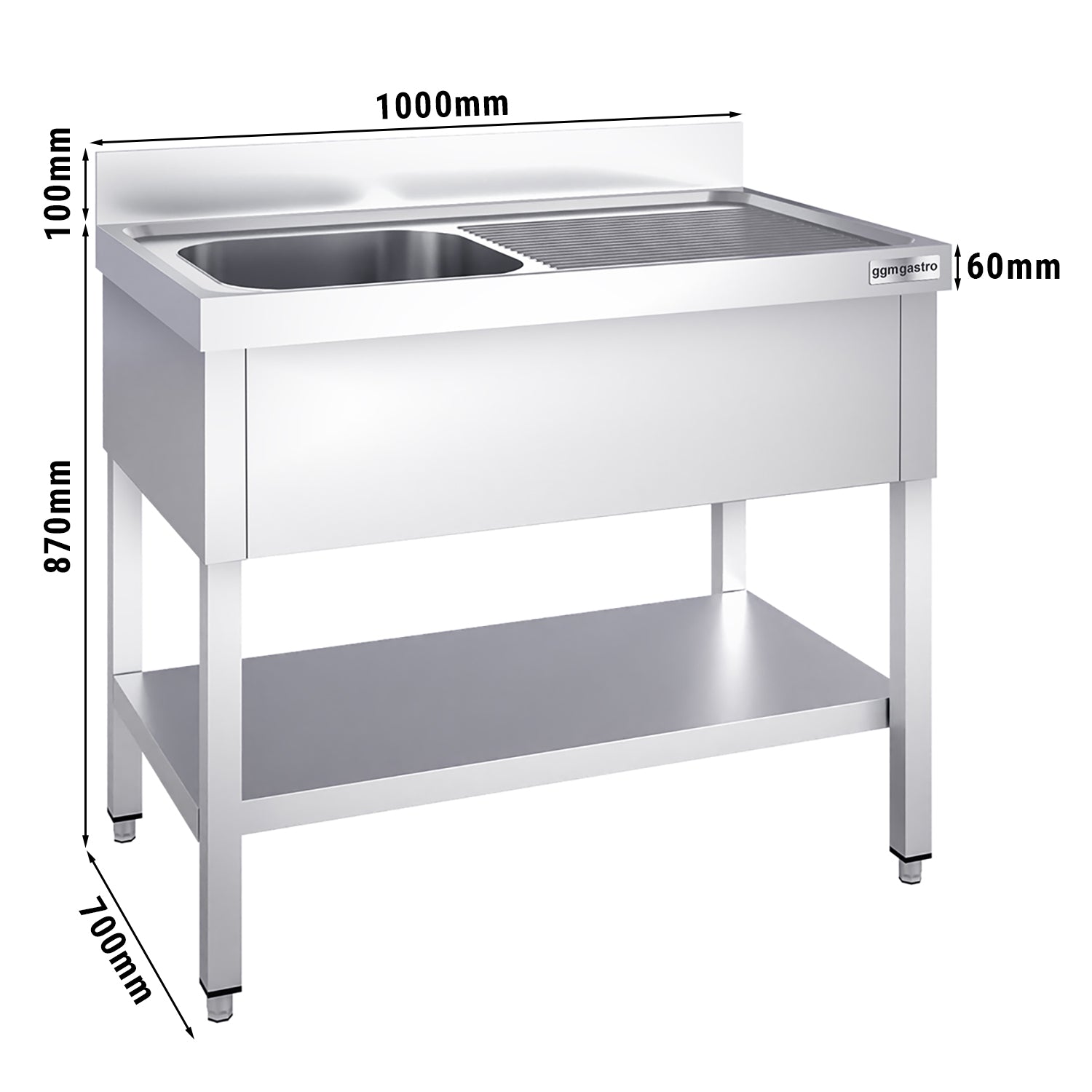 Sink with bottom 1.0m - 1 basin on the left L 50 x W 50 x D 30 cm