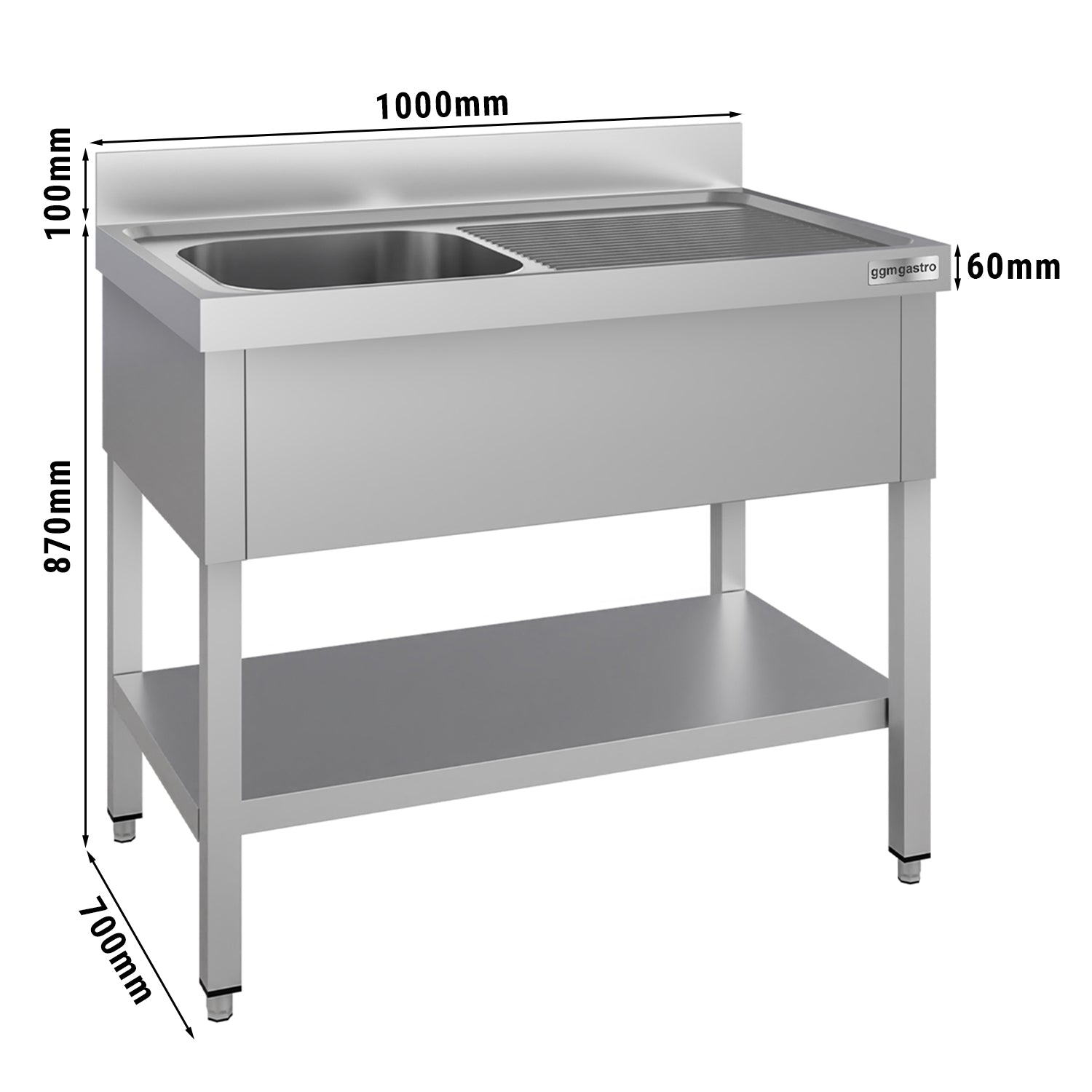 Stainless steel sink ECO - with base - 1.0 m - 1 basin left - L 50 x W 50 x D 30 cm