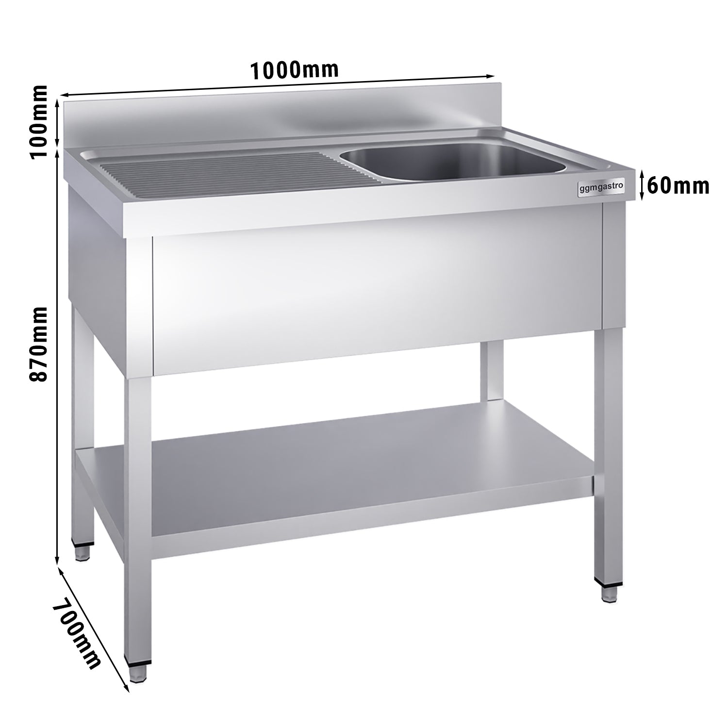 Sink with bottom 1.0 m - 1 basin on the right L 50 x W 50 x D 30 cm